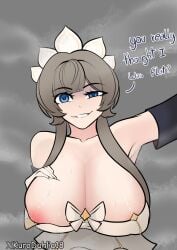 armpits big_breasts bow breast_grab breasts breasts_bigger_than_head genshin_impact hand_on_breast kurodahlia18 large_breasts maid maid_headdress maid_uniform nipple_slip nipples pov pov_eye_contact sandrone_(genshin_impact) short_hair shoulders smile solo solo_female sweat sweatdrop talking_to_viewer tsundere
