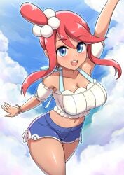 1girls alternate_costume bare_shoulders big_breasts bikini bikini_bottom_under_shorts bikini_under_clothes blue_bikini blue_eyes blue_shorts blue_sky blush blushing breasts canadiananiguy cleavage cloud cloudy_sky collarbone crop_top denim denim_shorts game_freak hair_between_eyes hair_ornament highres large_breasts light_blush looking_at_viewer midriff navel nintendo off-shoulder_shirt off_shoulder official_alternate_costume one_side_up open_mouth outdoors pokemon pokemon_bw pokemon_masters pokemon_masters_ex red_hair shirt shorts sidelocks sky skyla_(pokemon) skyla_(summer_2025)_(pokemon_masters) smile solo swept_bangs swimsuit tan tan_body tan_skin tanned_female upper_teeth