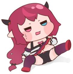 1girl 1girls annoyed arrivedcold artstyle_imitation black_panties blue_eyes cameltoe chibi chibi_style clothes_lift dress female flashing hololive hololive_english hololive_english_-promise- horns irys_(hololive) legs_up lifting_own_clothes long_hair navel panties pink_eyes skirt skirt_lift solo solo_female solo_focus thighhighs underwear virtual_youtuber