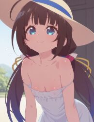 ai_generated bare_shoulders beautiful_girl blue_eyes brown_hair cleavage female female_only flat_chest focus_on_breasts heavenly_body hinatsuru_ai outdoors pretty_girl sexy slutty_dress slutty_female small_breasts sundress sunny sweaty_body temptation tempting_viewer
