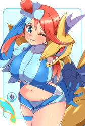 1girls absurdres airmd artist_request big_breasts black_eyes blue_eyes blue_gloves blue_jacket blue_shorts blush breasts colored_sclera commentary_request crop_top cropped_jacket game_freak gloves gold_skin hair_between_eyes highres horns huuro_(pokemon) jacket large_breasts mega_airmd mega_evolution mega_pokemon mega_skarmory mega_stone metal_skin midriff mohawk navel nintendo one_eye_closed one_side_up pokemon pokemon_(creature) pokemon_black_and_white pokemon_bw pouch raised_inner_eyebrows red_hair red_sclera sharp_teeth short_hair_with_long_locks short_shorts shorts sidelocks single_horn skarmory skyla_(pokemon) smile solo_focus swept_bangs teeth thigh_pouch thigh_strap