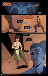 1boy 1boy1girl 1girls 2d ass avatar_the_last_airbender background big_ass big_breasts cave clothed clothed_female comic dialogue female legs narim-art patreon rock text text_bubble toph_bei_fong zuko