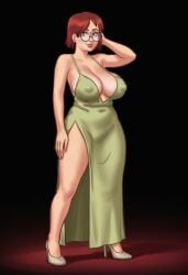 1girls 2d 2d_(artwork) ai_assisted ai_generated breasts cleavage clothed clothing daeisi digital_drawing_(artwork) digital_media_(artwork) dress female female_focus female_only glasses judith_(summertime_saga) pose posing presenting presenting_breasts red_carpet red_hair redhead showing_off simple_background summertime_saga thick_thighs