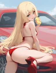 ai_generated ass_focus beautiful_girl blonde_female car female female_only flat_chest green_eyes heavenly_ass heavenly_body high_heels lillie_(pokemon) micro_bikini outdoors pretty_girl sexy_pose slim_female slim_waist slutty_body slutty_female smile_at_viewer tempting_viewer