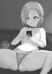 :o ass_visible_through_thighs bra_strap braid braided_hair breasts choker collarbone ear_piercing earrings ears female female_only fingernails floral_print floral_print_panties forehead hair_over_one_eye high_resolution holding holding_object holding_phone holding_smartphone indoors lips looking_at_object looking_at_phone love_live! love_live!_nijigasaki_high_school_idol_club mia_taylor monochrome open_mouth panties phone plushie purple_eyes short_hair short_sleeves sitting sitting_on_sofa small_breasts smartphone sofa spot_color spread_legs spreading straight_hair sweat sweatdrop t-shirt t-shirt_only thick_thighs thighs tongue underwear unsfrau white_shirt