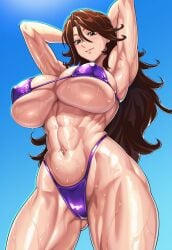 1girl abs ai_generated armpits arms_up ass_visible_through_thighs blue_sky brown_hair covered_erect_nipples fit gundam gundam_00 highleg huge_breasts long_hair mature micro_bikini muscular muscular_female navel outdoors shiny_skin sumeragi_lee_noriega sweat thick_thighs thong toned_female underboob very_sweaty wet_skin wide_hips