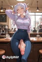 1futa 1girl ai_generated artist_name big_penis blue_pants blush breasts cafe coffee cup denim dickgirl earrings elf elf_ears english_text erection frieren frieren_beyond_journey's_end futanari green_eyes indoors jeans jewelry large_breasts large_penis long_hair long_sleeves naughtygirlsai pants penis pointy_ears precum shirt skinny small_breasts solo_focus sousou_no_frieren teeth testicles trembling twintails uncensored veins veiny_penis white_hair white_shirt window