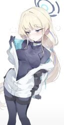 1girl absurdres alternate_costume alternate_hairstyle black_bodysuit blonde_hair blue_archive blue_eyes blue_halo blush bodysuit breasts feet_out_of_frame halo highres jacket long_hair looking_to_the_side low-tied_long_hair medium_breasts meunhongcha partially_unzipped simple_background solo standing sweat toki_(armed)_(blue_archive) toki_(blue_archive) very_long_hair white_background white_jacket