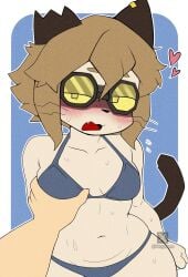 1girls anthro anthrofied bikini breast_grab breasts brown_hair clothed clothing feline female female_focus gameoverse genyacero glitch_productions male scratch_(gameoverse) unseen_male_face