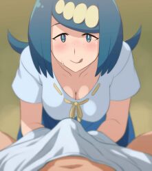 1boy 1girls animated big_breasts blue_eyes blue_hair blue_skirt blush bottomwear breasts cleavage closed_mouth colored ero_kaeru female_focus game_freak gif hair_ornament hand_on_penis handjob handjob_under_clothes lana's_mother_(pokemon) looking_up_at_viewer mature_female milf nintendo partial_male pixiv pokemon pokemon_sm pov pov_eye_contact shirt skirt squatting straight sweatdrop tongue_out topwear under_clothes white_shirt