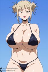 1female 1girl 1girls 2026 :p ai_generated alternate_breast_size arms_behind_back artist_name bangs big_ass big_breasts bikini black_bikini blonde_hair blue_background blunt_bangs blush boku_no_hero_academia breasts cleavage collarbone cowboy_shot curvy double_bun female female_only hair_bun hi_res high_quality high_resolution highres himiko_toga huge_ass huge_breasts looking_at_viewer messy_hair my_hero_academia navel patreon patreon_username shiny sidelocks simple_background skindentation smile solo swimsuit toga_himiko tongue tongue_out unjobdespiert watermark web_address yellow_eyes