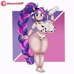 1female 1girls 2d 2d_animation animated animated_gif barefoot big_breasts bikini blue_eyes blush breasts breasts_bigger_than_head cow_print cow_print_bikini cowbell doll_joints fake_animal_ears female female_focus female_only gif hand_on_hip hips hips_wider_than_shoulders horns huge_breasts lily_lovebraids milk poppy_playtime poppy_playtime_(chapter_5) pouring pouring_milk pouring_on_breasts pouring_on_self pouring_onto_self purple_hair raydonxd smile smiling solo solo_female solo_focus teeth thick_thighs thighs two_tone_hair wide_hips