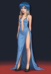 1girls 2d 2d_(artwork) ai_assisted ai_generated blue_hair breasts cleavage clothed clothing daeisi digital_drawing_(artwork) digital_media_(artwork) dress erect_nipples erect_nipples_under_clothes eve_(summertime_saga) female female_focus female_only light-skinned_female light_skin medium_breasts nipples nipples_visible_through_clothing petite petite_body petite_female pose posing presenting presenting_breasts red_carpet showing_off simple_background small_breasts summertime_saga thick_thighs two-tone_hair