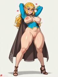 1girl ai_generated arms_behind_head arms_up blonde_hair blue_eyes blush boobs bottomless braid breasts breasts_out cape cleft_of_venus crown_braid cute freckles full_body functionally_nude grin hair_between_eyes hair_ornament hairclip heart high_heels huge_ass huge_breasts juswa large_ass large_breasts long_hair looking_at_viewer nipples pointy_ears princess_zelda puffy_nipples pussy sandals simple_background smile solo standing thicc thick_eyebrows thick_thighs thighs uncensored white_background