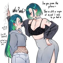 2girls choker chubby_female fishnets green_eyes green_hair hair_ornament height_difference qiandaiyiyu selfcest