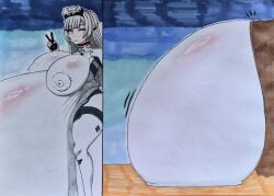 big_belly big_breasts blue_archive bodysuit himari_(blue_archive) hyper_belly meat_wall_(body_type) thegreatday_(artist) wink