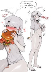 1girls ahoge black_nails black_panties blush burger dialogue eating eating_burger eating_food female female_only food_stains light-skinned_female light_skin menchi_(oc) nail_polish navel no_pants one_eye_closed painted_nails panties radon1014 shirt shirt_lift short_hair skindentation slightly_chubby solo speech_bubble star-shaped_pupils text text_bubble white_hair white_shirt
