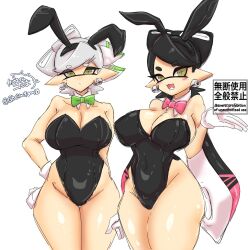 2girls big_breasts black_bunnysuit blush bow bowtie breasts bunny_ears bunnysuit callie_(splatoon) cleavage detached_collar female female_only gbeimtama gloves green_bow green_bowtie huge_breasts inkling large_breasts long_hair looking_at_viewer marie_(splatoon) mole mole_under_eye multicolored_hair multiple_girls nintendo pink_bow pink_bowtie playboy_bunny shiny_skin short_hair splatoon splatoon_(series) squid_sisters tentacle_hair thick_thighs thighs two-tone_hair white_gloves