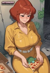 1girls ai_generated april_o'neil april_o'neil_(tmnt_1987) artoonizer belt big_ass black_eyes blush breasts brown_hair female female_focus female_only jumpsuit large_breasts light-skinned_female light_skin narrow_waist outdoors parted_lips patreon patreon_username pizza posing short_hair sitting smile solo solo_female solo_focus teenage_mutant_ninja_turtles thick_thighs tmnt tmnt_1987 turtle viewed_from_above yellow_pants yellow_shirt