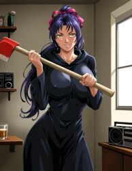 1girls ai_generated american_psycho american_psycho_(meme) axe bible_black bible_black_gaiden big_breasts bow breasts crazy crazy_eyes crazy_female crazy_smile curvaceous curvy curvy_female curvy_figure enigmata female female_only full_body hairbow high_resolution holding_object hourglass_figure hourglass_figured_female imminent_death imminent_gore indoors kozono_nami long_hair looking_at_viewer murderer music_player nipple_bulge nipples partially_clothed purple_hair reference robe room slim_waist stereo teenage_female teenager very_long_hair weapon wide_hips window yandere yellow_eyes