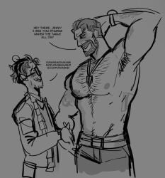 armpit armpit_hair balls bara beard blush body_hair date_everything dorian_(date_everything) facial_hair gay jerry_(date_everything) male male_only monochrome muscles muscular penis revealyoursins shirtless size_difference