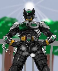 1boy armor armored_male balls balls_outline belt blurry_background bodysuit bodysuit_bulge breath breath_cloud bulge erect_penis erection erection_under_bodysuit fence green_armor hands_on_hips hands_on_own_hips heavy_breathing helmet japanese_text kamen_rider kamen_rider_birth kamen_rider_ooo_(series) male male_focus male_only mask masked masked_male muscles musk musk_clouds onomatopoeia outline panting penis penis_outline pov precum precum_bead precum_through_clothing sketch standing sweat sweatdrop sweating text trees
