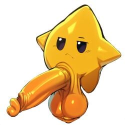 ai_generated balls big_penis black_background black_eyes erection genitals glans glistening glistening_genitalia glistening_penis hellsonger huge_penis humanoid_genitalia humanoid_penis luma male mario_bros nintendo not_furry orange_balls orange_genitals orange_penis penis simple_background solo yellow_body yellow_genitals
