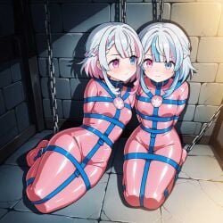 2girls ai_generated arms_behind_back benmccannon_(artist) blue_straps braid braided_hair frogtied full_body_latex jail_cell kidnapped kneeling original_characters pink_latex_bodysuit prisoner short_hair sleepsack stable_diffusion stone_floor stone_wall