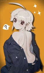 1girls ? ahoge back back_view blush denim denim_clothing denim_jacket female female_only jacket jeans light-skinned_female looking_at_viewer menchi_(oc) orange_background radon1014 short_hair solo spoken_question_mark star-shaped_pupils white_hair