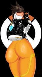 big_ass blizzard_entertainment brown_eyes brown_hair chronal_accelerator female female_focus female_only from_behind fully_clothed gloves jacket lena_oxton logo looking_at_viewer looking_back overwatch overwatch_2 phone pinup selfie thick_thighs tight_clothing tights tracer visor white_body