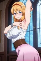 1girls ai_generated armpit arms_up belt blonde_female blonde_hair blue_eyes breasts castlevania castlevania_iii:_dracula's_curse female female_only hair_between_eyes large_breasts low_twintails pink_skirt skirt sypha_belnades