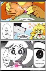 absurd_res accessory animal_crossing anthro artifact_the_fox big_breasts black_and_white black_body black_fur black_nose blonde_hair bodily_fluids brainwashing breasts canid canine clicking clothed clothing collar collar_tag collared_shirt comic comic_page corruption dialogue dog_girl dress_shirt duo excited eyebrows eyelashes female floppy_ears flower fox fox_boy fur furry glowhorn glowing green_clothing green_eyes green_shirt green_topwear grin hair hair_accessory hair_tie happy heart heart_tag hi_res hypnosis isabelle_(animal_crossing) large_breasts looking_down magic male/female mammal mind_alteration mind_control monochrome nintendo open_mouth plant red_nose secretary sharp_teeth shirt simple_background smile sparkles speech_bubble sweat sweatdrop talking_to_another tan_body tan_fur teeth tied_hair topwear white_background white_body white_fur yellow_body yellow_fur yellow_hair