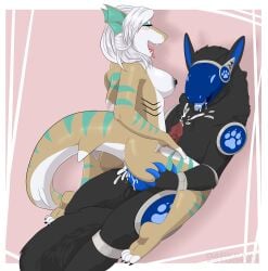 absurd_res aina_dagurmawth anthro aquatic black_body black_fur bodily_fluids cum cum_in_mouth cum_inside cum_on_chest darkpawstudios duo ejaculation fish fur genital_fluids hair herm hi_res intersex intersex/male looking_pleasured machine male multicolored_body protogen shark stripes tail tan_body tongue tongue_out two_tone_body white_hair yoko_darkpaw