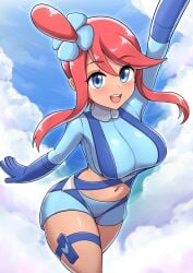 1girl arm_up big_breasts blue_eyes blue_gloves blue_jacket blue_shorts blue_sky blush blushing breasts canadiananiguy cloud crop_top cropped_jacket game_freak gloves hair_between_eyes hair_ornament highres large_breasts light_blush long_hair looking_at_viewer midriff navel nintendo one_side_up open_mouth pokemon pokemon_black_and_white pokemon_bw pouch red_hair short_hair_with_long_locks short_shorts shorts sidelocks sky skyla_(pokemon) smile solo swept_bangs tan tan_body tan_skin tanned_female teeth thigh_pouch thigh_strap upper_teeth_only
