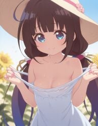 ai_generated bare_shoulders beautiful_girl blue_eyes brown_hair cleavage female female_only flat_chest focus_on_breasts heavenly_body hinatsuru_ai outdoors pretty_girl sexy slutty_dress slutty_female small_breasts sundress sunny sweaty_body temptation tempting_viewer