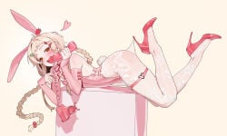 1girls :3 :d arched_back blonde_hair bunny_ears bunny_tail bunnysuit character_request detached_sleeves fake_animal_ears fake_tail female hair_intakes heart high_heels lace lace_pantyhose lace_pantyhose_hooked_on_heel_(meme) leotard orange_eyes pink_bunnysuit pink_leotard radon1014 skindentation small_breasts solo thigh_strap twin_braids white_pantyhose