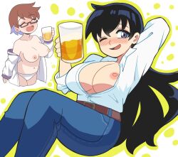 2girls black_hair brown_hair digicheeze dyed_hair glasses jeans long_hair short_hair tight_pants unbuttoned unbuttoned_shirt