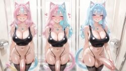absurdres ai_art ai_generated animal_ear_fluff animal_ears arms_behind_back artist:konekofuta bangs bare_shoulders bathroom black_shirt black_tank_top blue_eyes blush breasts cat_ears cat_girl cat_tail catgirl character:koneko cleavage collarbone covered_nipples cowboy_shot crop_top detailed detailed_background dickgirl ear_fluff erection eyelashes eyeshadow facing_viewer fang full-face_blush futa futanari grin hair_between_eyes hair_ornament hairclip highleg highleg_panties huge_penis large_breasts large_penis lighting lips looking_at_viewer midriff multicolored_hair navel necklace open_mouth panties parted_lips penis pink_hair shiny_clothes shiny_skin shirt skindentation skinny skinny_futa sleeveless slim slim_waist smile standing stomach tail tank_top taut_clothes testicles thighhighs thighs two-tone_hair veins veiny_penis wide_hips x_hair_ornament