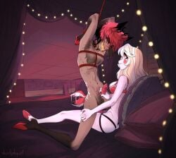 1boy 1girls alastor_(hazbin_hotel) bondage charlie_morningstar_(hazbin_hotel) deerlydepart handjob hazbin_hotel hooves pegging straddling strap-on tail