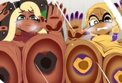 2girls against_glass areolae black_pasties breast_press breasts breasts_against_glass chicken_rib clenched_teeth covered_nipples female female_only frye_(splatoon) huge_breasts inkling large_breasts long_hair looking_at_viewer marina_(side_order) marina_(splatoon) multiple_girls nintendo nipples no_bra octoling open_clothes pasties pointy_ears shiny_skin shirt shirt_lift short_hair splatoon_(series) splatoon_3 splatoon_3:_side_order sweat tentacle_hair turtleneck turtleneck_lift two-tone_hair yellow_pasties