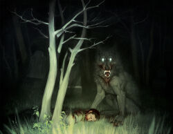 ambiguous_gender anthro blood blood_on_face bodily_fluids canid canine cemetery claws clothed clothing corpse coyotemange darkness death duo flashlight fur glowing glowing_eyes horror_(theme) human kneeling looking_at_viewer male mammal mythological_canine mythological_creature mythology night nude offscreen_character sharp_teeth snarling story story_in_description teeth tombstone werecanid werecanine werecreature werewolf