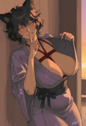 1girls ai_generated belly black_hair dark-skinned_female female_only flashing huge_breasts kali_belladonna kizirugai looking_at_viewer mature_female milf naughty_face rwby sagging_breasts shibari shibari_under_clothes shushing solo tagme thick_thighs wide_hips yukata