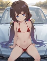 ai_generated ass_focus beautiful_girl blue_eyes brown_hair car female female_only flat_chest heavenly_body high_heels hinatsuru_ai micro_bikini outdoors pretty_girl sexy_pose slim_female slim_waist slutty_body slutty_female smile_at_viewer tempting_viewer