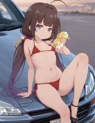 ai_generated ass_focus beautiful_girl blue_eyes brown_hair car female female_only flat_chest heavenly_body high_heels hinatsuru_ai micro_bikini outdoors pretty_girl sexy_pose slim_female slim_waist slutty_body slutty_female smile_at_viewer tempting_viewer
