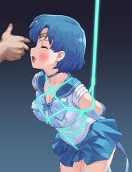 1boy 1girl arms_behind_back bdsm bishoujo_senshi_sailor_moon blue_eyes blue_hair blue_skirt bondage bound bound_arms breasts circlet cleavage commission frown funitarefu hetero highres medium_breasts pixiv_commission rape restrained sailor_mercury school_uniform serafuku shirt skirt slapping variant_set white_shirt