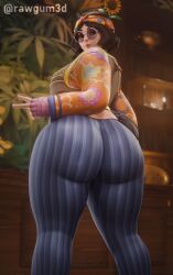 1girls 3d 3d_(artwork) artist_name ass ass_focus back back_view big_ass blue_pants bottomwear brown_eyes clothing dat_ass eyewear female female_only flower flower_child_mei flower_in_hair glasses hair_ornament headband headwear huge_ass legs lips looking_back mei_(overwatch) overwatch pants parted_lips peace_sign rawgum short_hair solo solo_female thighs topwear