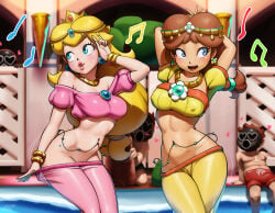 2026 2girls areolae blonde_hair blue_eyes breasts brown_hair crown dancing earrings female_focus gas_mask harem_outfit hi_res long_hair male mario_(series) mostly_nude multiple_boys narrowed_eyes nintendo nipples nude pool_chair poolside princess_daisy princess_daisy_(oasis) princess_peach public revtilian super_mario_bros.