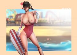 1girls 3d absurdres areolae breadblack breasts female female_only femscout highres nipples one-piece_swimsuit solo swimsuit team_fortress_2