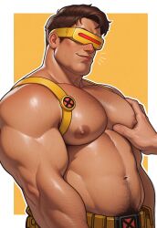 ai_generated athletic athletic_male bara cyclops_(x-men) daddy gay gylesloh male male_only marvel marvel_rivals moobs muscular muscular_male pec_grab pec_squeeze pecs pectorals scott_summers simple_background squeezing_breast squeezing_breasts superhero x-men yaoi