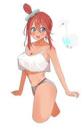 1girl :d absurdres alternate_costume big_breasts blue_eyes blush blush_lines blushing breasts cleavage collarbone commentary_request cropped_legs erect_nipples from_side game_freak grey_panties hair_between_eyes hair_ornament happy highres large_breasts looking_to_the_side navel nintendo nipples_visible_through_clothing one_side_up open_mouth panties pokemon pokemon_(creature) pokemon_black_and_white pokemon_bw shirt short_hair_with_long_locks showtime775 sidelocks skyla_(pokemon) sleeveless sleeveless_shirt smile solo swanna swept_bangs tan tan_body tan_skin tanned_female teeth underwear upper_teeth_only white_background